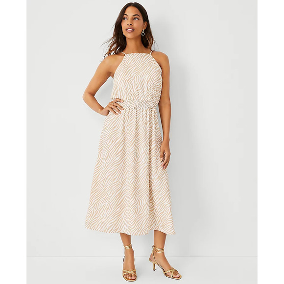 Ann Taylor | White & Tan Satin Zebra Stripe Square-Neck Midi Flare Dress - Picture 1 of 13